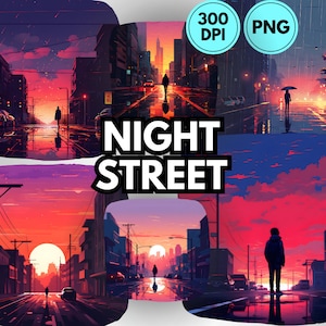 Clip Art On The Street Night paisaje callejero clipart clip de escena nocturna urbana, fondo digital, puesta de sol, clip art de paisaje urbano, calle de la ciudad