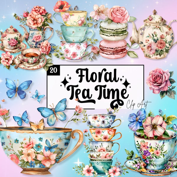 Clip Art Tea Time, Flowers, Vintage Retro illustrations, png sublimation, Floral Clipart bundle, Whimsical Elements, rustic rose printable
