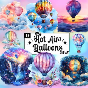 Images clipart montgolfières - illustrations aquarelles colorées, graphiques de montgolfières vibrants, imprimables fantastiques, clipart ciel de rêve