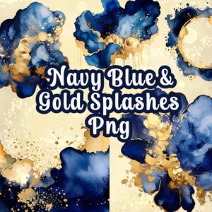 May include: Abstract digital art print featuring navy blue and gold watercolor splashes. The image has a textured background and the text "Navy Blue & Gold Splashes Png".