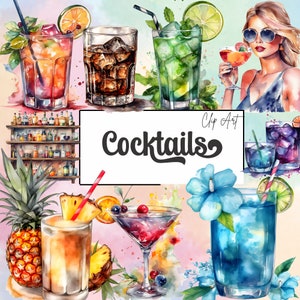 ClipArt di cocktail ad acquerello - Illustrazioni vivaci per happy hour, celebrazioni estive e inviti a cocktail party, bevande vivaci