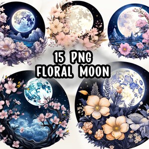 Clip Art Volle maan bloemen Vintage digitale afbeelding voor kaarten Stickers T-shirt ontwerp sublimatie, decoratieve bloemenmaan grafisch ontwerp