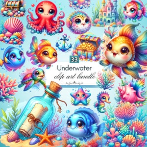 Underwater Clip Art Bundle - Bright Vivid Ocean & Undersea Creatures, Printable Nursery Decor, Baby Shower Elements, Fish and Coral