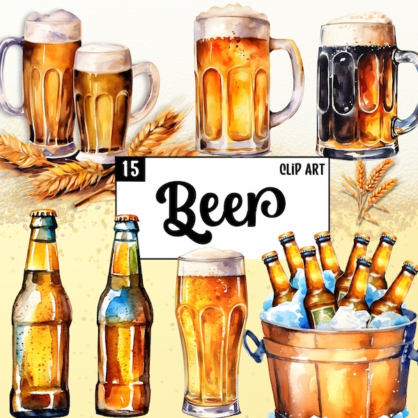 Clip Art Beer Watercolor,  Free Commercial use, beverage, drink, alcohol, graphics, brewery hops, barley, wheat illustrations for menu