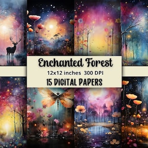 Enchanted Night Forest Digital Papers voor scrapbooking, afdrukken, junk journal - Gratis commercieel gebruik - 300DPI - Prachtige bosachtergronden