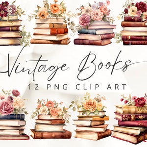 Clip Art Akwarela Książki romantyczny kwiatowy vintage retro clipart stare książki róże kwiaty grafika png obrazy boho styl boho clipart książka