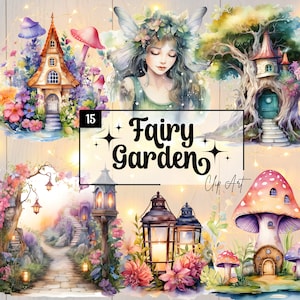 Clip Art Fairy Garden, lot de cliparts aquarelle, téléchargement numérique, lutin fantastique, nature, illustrations de livres pour enfants, fichiers png