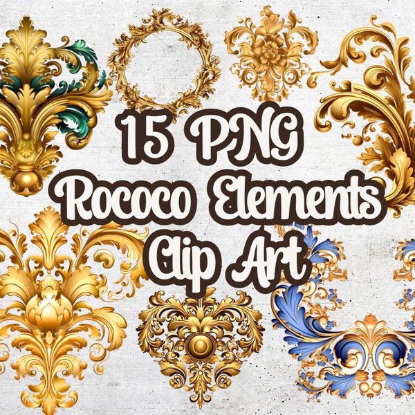 Clipart Rococo Gold Elements 300 DPI Transparent Background Free Commercial Use Graphic Design Vintage Art Ornaments Floral Frames Borders