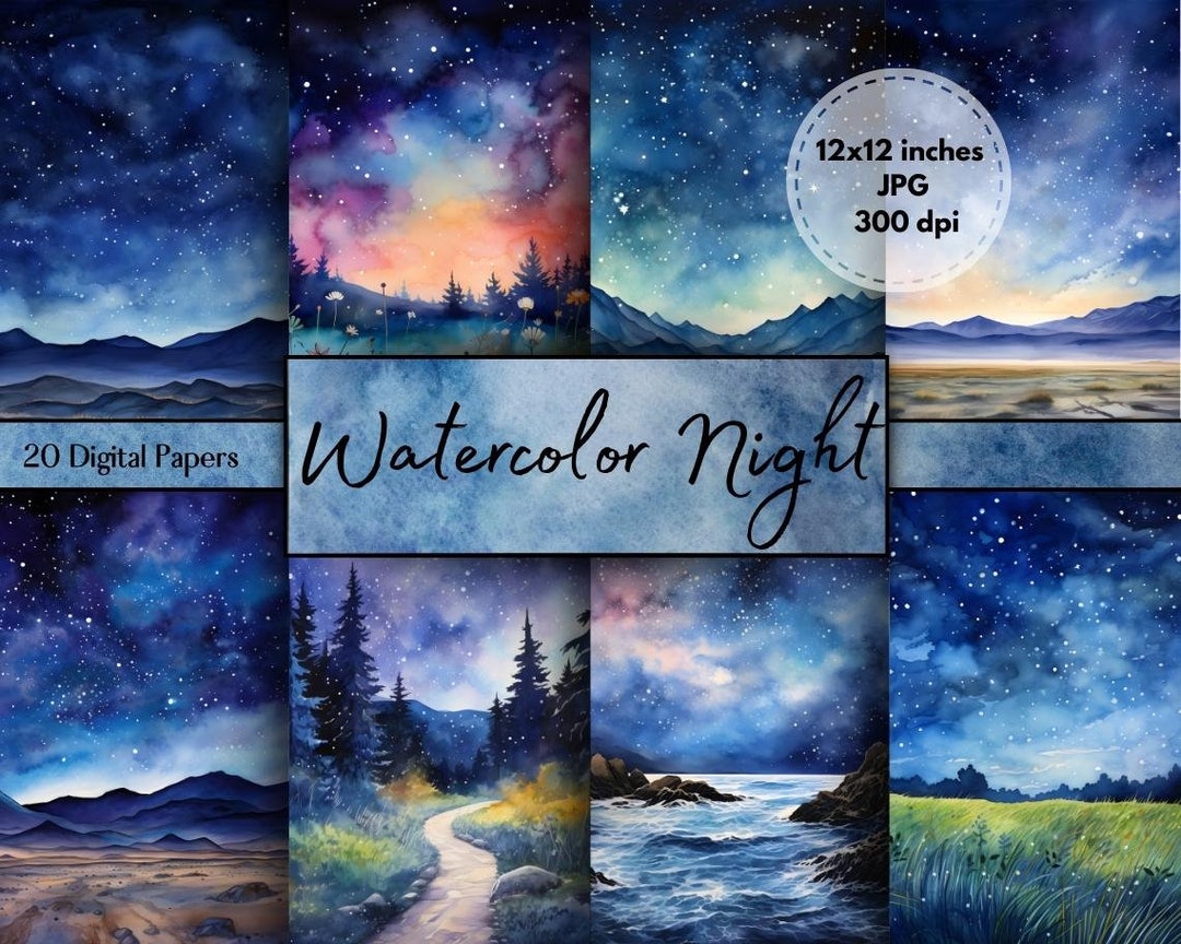 Watercolor Night Sky Digital Papers for Scrapbooking, Printing, Junk ...