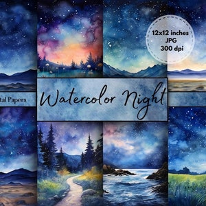 Papeles digitales de acuarela Night Sky para Scrapbooking, impresión, diario basura - Uso comercial gratuito - 300DPI - Fondos de acuarela estrellada