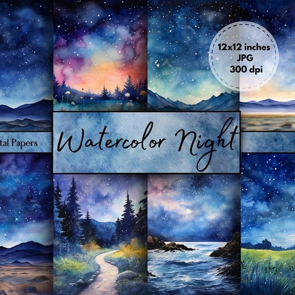 Watercolor Night Sky Digital Papers for Scrapbooking, printing, junk journal - Free Commercial Use - 300DPI - Starry Watercolour Backgrounds