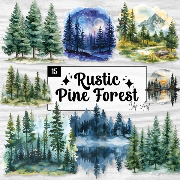 Clip Art Pine Forest, Vintage Nature Graphics, PNG Sublimation Designs, Clipart Bundle, Whimsical Elements, Rustic Printable Art