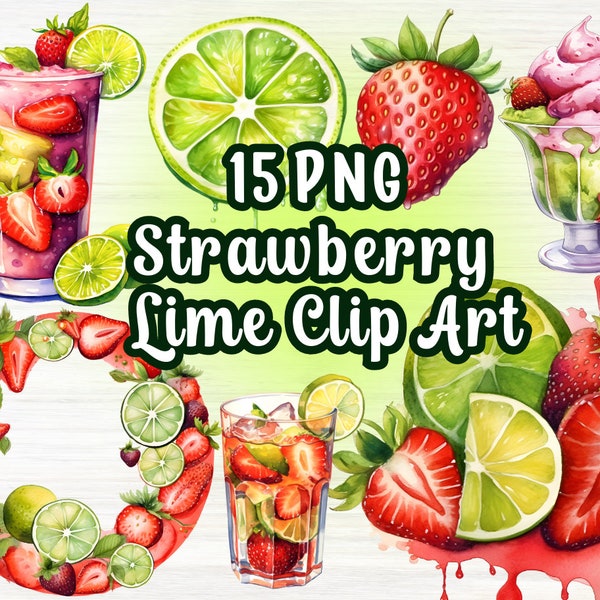 Clip Art Strawberries Lime, Vibrant Watercolor Berries and Citrus, red green clipart, summer image, fruity printable, smoothie, ice cream