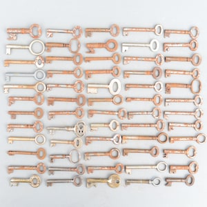 Könnte beinhalten: Eine Sammlung von 48 antiken Schlüsseln, angeordnet in Reihen, mit unterschiedlichen Größen und Stilen. Die Schlüssel sind aus Metall und haben eine rostige Patina.