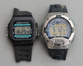 2 Vintage Casio W-86 en W-753 horloge Heren Casio digitale maan- en getijdengrafiek