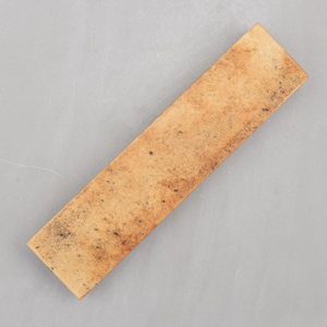 May include: A rectangular, light brown object with a textured surface and dark spots. The object appears to be made of a natural material, possibly wood or leather. The shape is long and narrow, with a slightly uneven edge.
