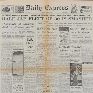 Vintage Original Daily Express Journal No 13116 11 juin 1942 Seconde Guerre mondiale WW2
