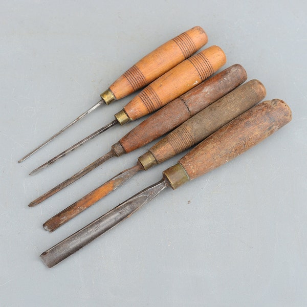 Set 5 Vintage S.J. Addis, Herring Bros, Marples England Gouge Carving Chisels