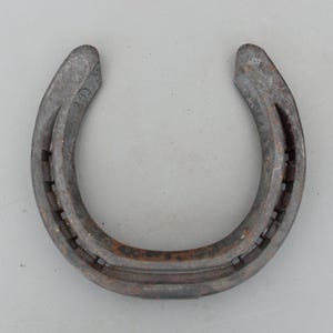 May include: A worn, U-shaped horseshoe made of grey metal. The horseshoe has a series of rectangular holes along its inner curve and shows signs of rust. The number "20" is stamped on one end.