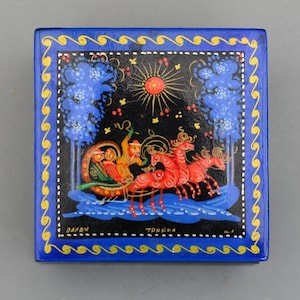 Vintage Palech Paleh Troika Pferde USSR Handbemalter Lack Kleine Box