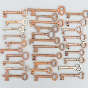 Może przedstawiać: Kolekcja 25 antycznych kluczy, wszystkie zardzewiałe i zużyte od czasu. Klucze są ułożone w rzędach, z łbem każdego klucza skierowanym w stronę widza. Klucze są różnych kształtów i rozmiarów, a niektóre mają skomplikowane wzory.