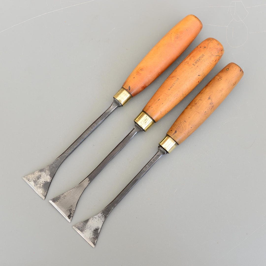 Set 3 Vintage C.riley Fishtail Carving Flat Chisel Boxwood Handle 38mm ...
