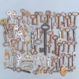 Könnte beinhalten: Eine Sammlung antiker Schlüssel in verschiedenen Größen und Stilen, darunter Skelettschlüssel, Schließzylinderschlüssel und dekorative Schlüssel. Die Schlüssel sind aus Metall und haben verschiedene Oberflächen, darunter Messing, Silber und Kupfer.