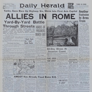 Periódico original vintage Daily Herald n.° 8825, 5 de junio de 1944, Segunda Guerra Mundial