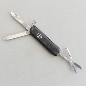 May include: A small black pocket knife with a silver blade, a nail file, and a pair of scissors. The knife has a Swiss Army logo on the handle.