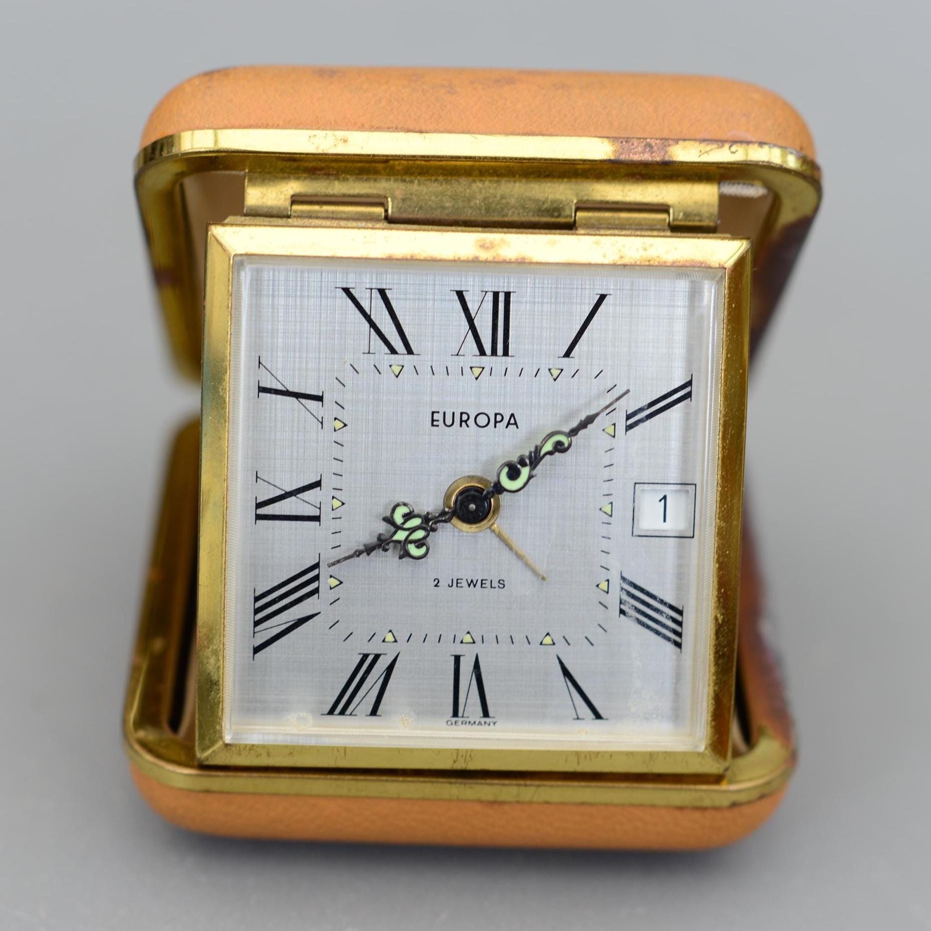 Vintage EUROPA 2 Jewels Germany Travel Alarm Mechanical Clock