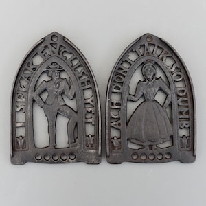 2 Vintage J.Z.H. 1952 Trivet Flat Iron Rest I Speak English Yet Don't Talk So Dumb  Kitchen Farmhouse Decor Kitschy Hot Teapot Stand