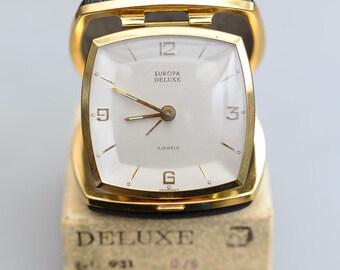 Vintage EUROPA Deluxe 2 Jewels Germany Travel Alarm Mechanical Clock Working & Original Box