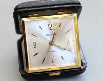 Vintage EUROPA 7 Jewels Germany Travel Alarm Mechanical Clock Working