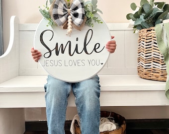 Smile Jesus Loves You Wood Sign: Christian Door Hanger