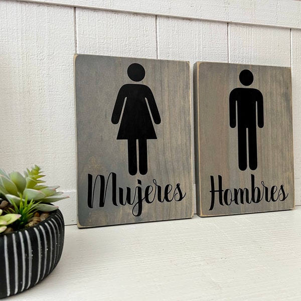 Hombres oh Mujeres Cuadro Para Baño | Men & Women Bathroom Wood Signs | Farmhouse Bathroom Signs | Bathroom Door Wood Signs | Painted Signs