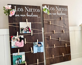 Grandkids Photo Display: Abuela Gift, Wooden Picture Holder with Clothespins