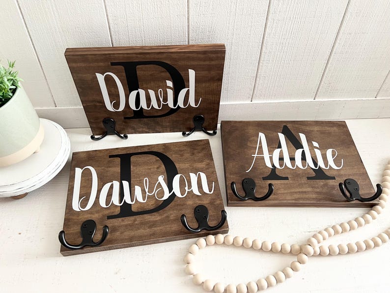 Personalized Name Coat Rack: Stained Wood, Double Hook Hanger - Etsy