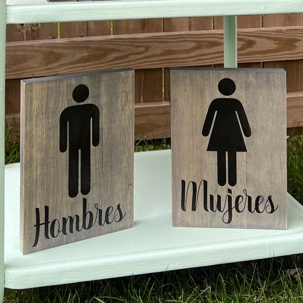 Hombres oh Mujeres Cuadro Para Baño | Men & Women Bathroom Wood Signs | Farmhouse Bathroom Signs | Bathroom Door Wood Signs | Painted Signs