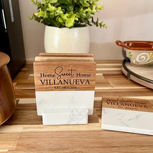 Marble & acacia laser engraved coaster set | Wedding gift | Realtor closing gift | Custom coasters | Family name coasters | housewarming