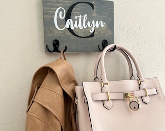 Personalized Name Coat Rack: Stained Wood, Double Hook Hanger