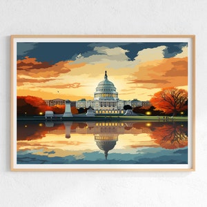 Vintage style poster of the U.S. Capitol building in Washington, D.C. Digital Wall poster available to download immediately