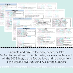 May include: A stack of Mahjong Handy 2026 score cards featuring columns of game rules, number sequences, and point values in black, blue, and pink text. A light blue rectangular box at the bottom contains black text describing the card features.