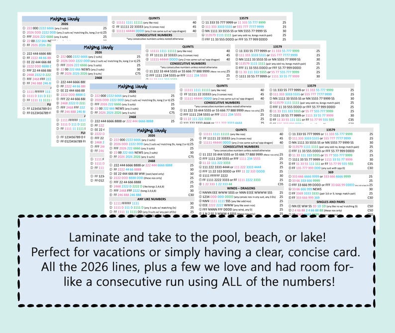 May include: A stack of Mahjong Handy 2026 score cards featuring columns of game rules, number sequences, and point values in black, blue, and pink text. A light blue rectangular box at the bottom contains black text describing the card features.