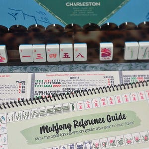 Pu&ograve; includere: Una guida di riferimento per il Mahjong con rilegatura a spirale, contenente regole di gioco stampate, punteggi e illustrazioni delle tessere. Sopra la guida si trova un supporto con motivo tartarugato che sostiene tessere bianche.