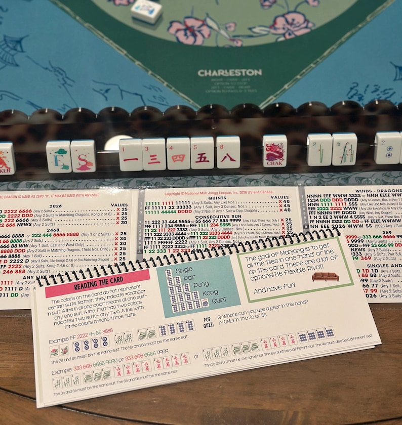 Pu&ograve; includere: Un set da gioco Mahjong con un supporto per tessere in tartaruga scura che contiene tessere bianche con simboli rossi e verdi, una scheda punteggio della National Mah Jongg League e una guida didattica a spirale con testo esplicativo.