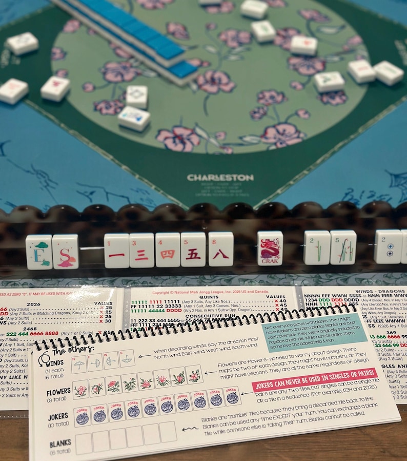 Pu&ograve; includere: Un set da gioco Mah Jong con un tappetino color verde acqua a motivi floreali, un supporto per tessere marrone scuro con tessere bianche dai simboli rossi e verdi e una guida didattica a spirale con regole e tipi di tessere.