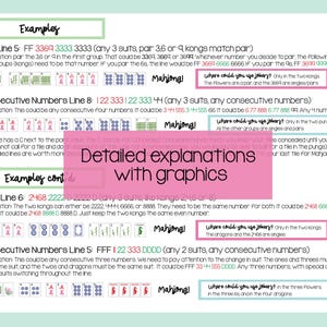 Pu&ograve; includere: Una guida didattica per il Mahjong con spiegazioni dettagliate e grafiche. Il documento illustra combinazioni specifiche come 369 Linea 5 e 2468 Linea 6, utilizzando testo e illustrazioni di tessere per mostrare le strategie di gioco e l'uso dei jolly.