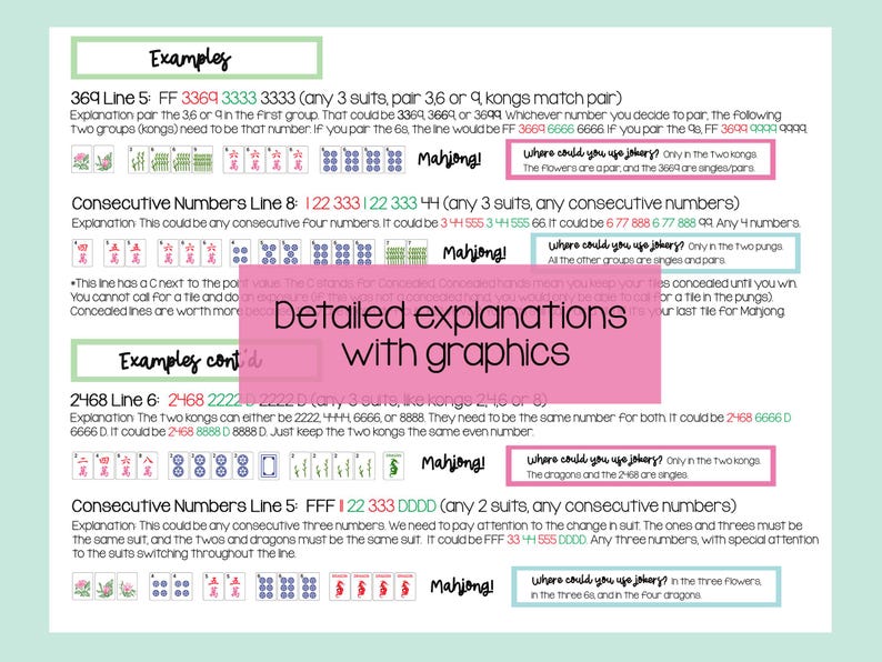 Pu&ograve; includere: Una guida didattica per il Mahjong con spiegazioni dettagliate e grafiche. Il documento illustra combinazioni specifiche come 369 Linea 5 e 2468 Linea 6, utilizzando testo e illustrazioni di tessere per mostrare le strategie di gioco e l'uso dei jolly.