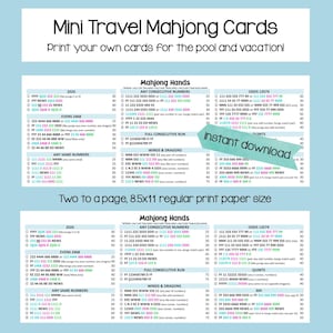May include: A digital printable sheet of Mini Travel Mahjong Cards featuring two sets of Mahjong Hands on an 8.5x11 inch page. The text includes categories like 2026, Evens 2468, Odds 13579, Winds & Dragons, and Quints with colorful numerical sequences.