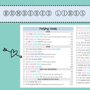 May include: A Mahjong Hands reference card titled Numbered Lines with a light blue header and a black heart arrow pointing to the 2468 section. The card lists various numerical combinations, suits, and point values in black, pink, blue, and gray text.